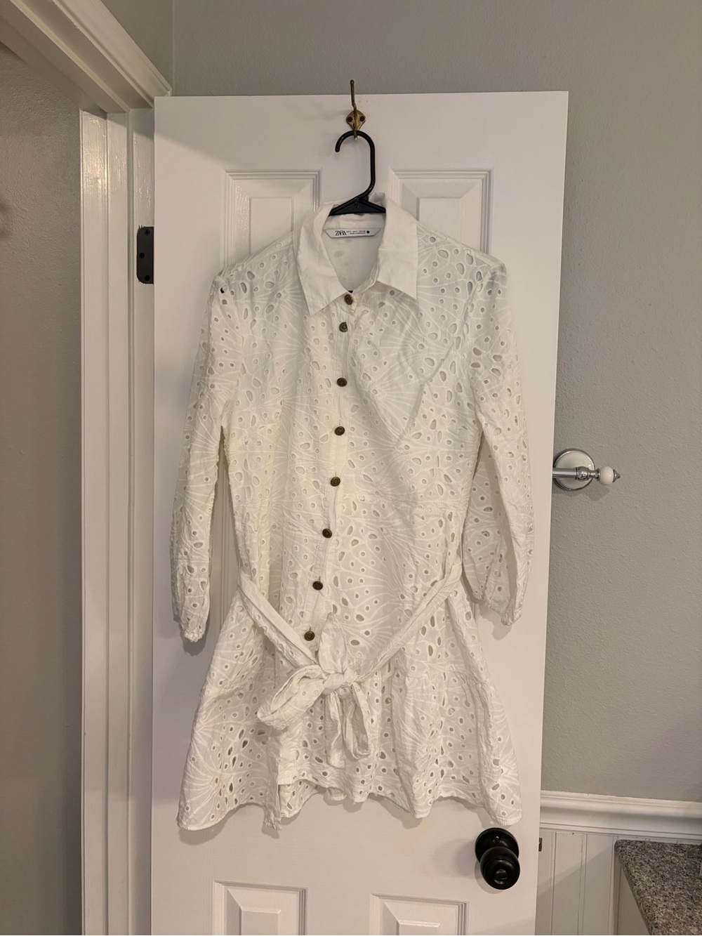 Zara White Eyelet Cutwork Embroidered Shirt Dress Belted Large